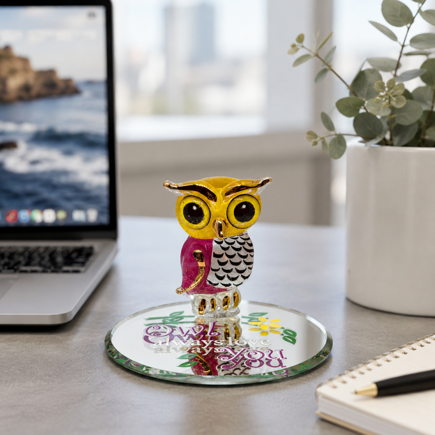 Handcrafted glass owl figurine with Real 22Kt Gold accents displayed on a hand-beveled glass mirror embossed with the message "Owl Always Love You."