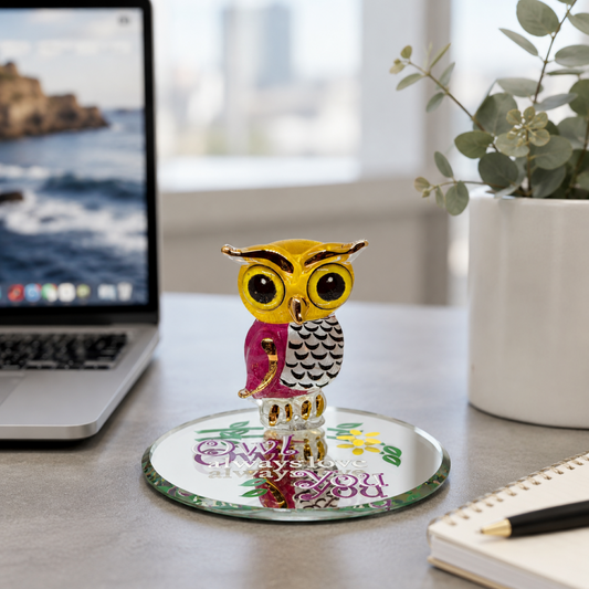 Handcrafted glass owl figurine with Real 22Kt Gold accents displayed on a hand-beveled glass mirror embossed with the message "Owl Always Love You."