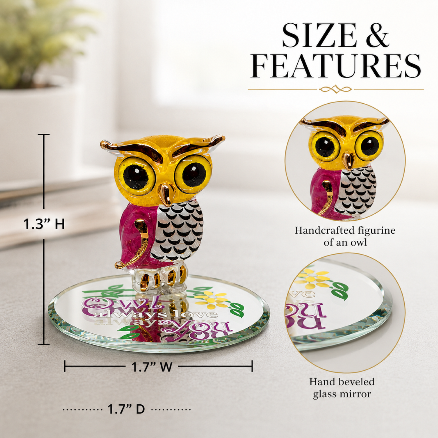 Glass Owl Figurine – Owl Always Love You Gift, Romantic Gift for Her, Owl Collectible, Valentine's Day & Anniversary Gift