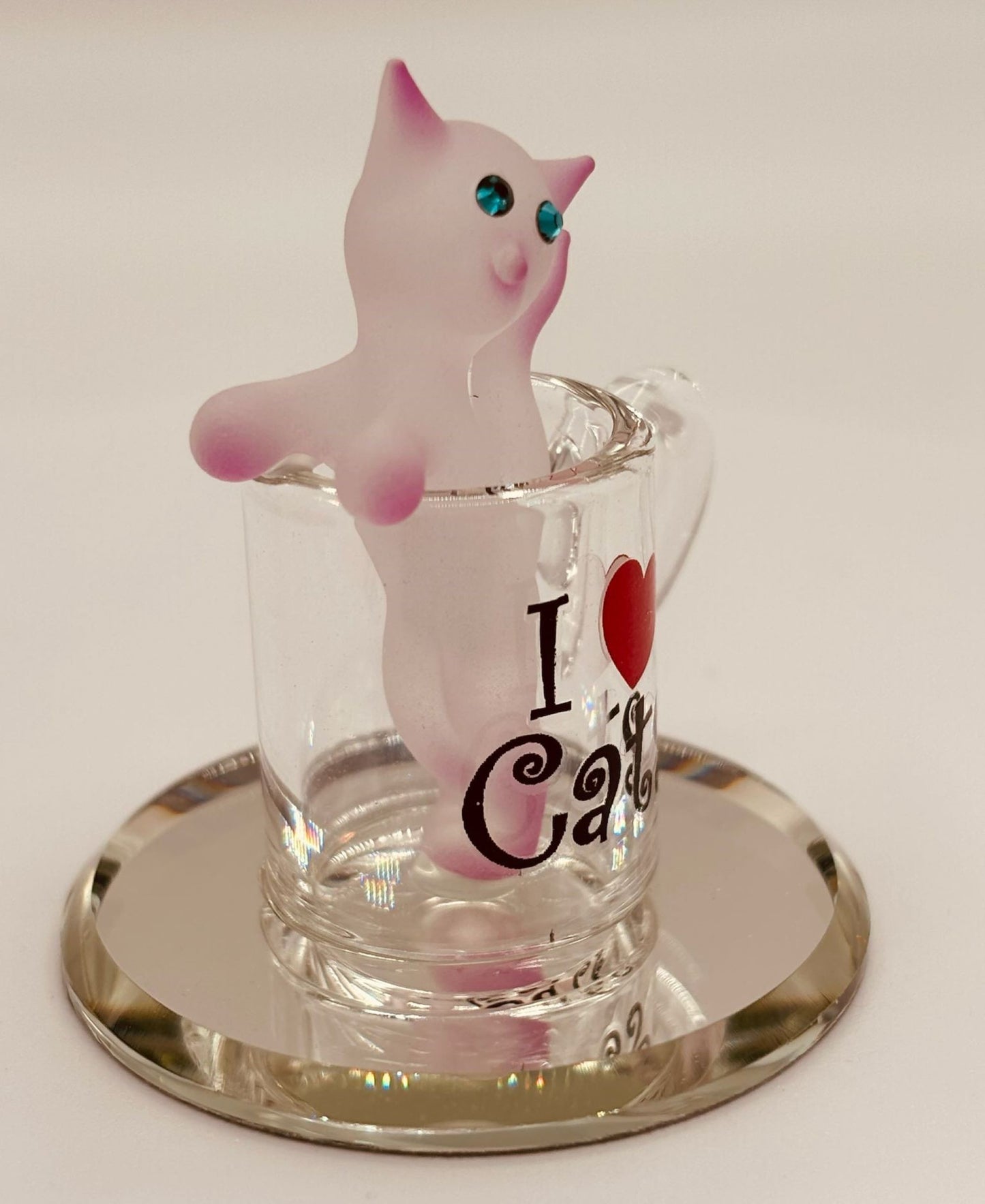 Kitty in a Cup Glass Figurine | Cat Lover Collectible Gift with “I ♥ Cats” Message
