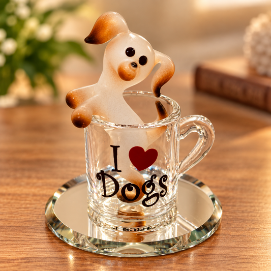 Handcrafted white and brown glass dog figurine sitting in a coffee cup with I Love Dogs message and glass mirror base