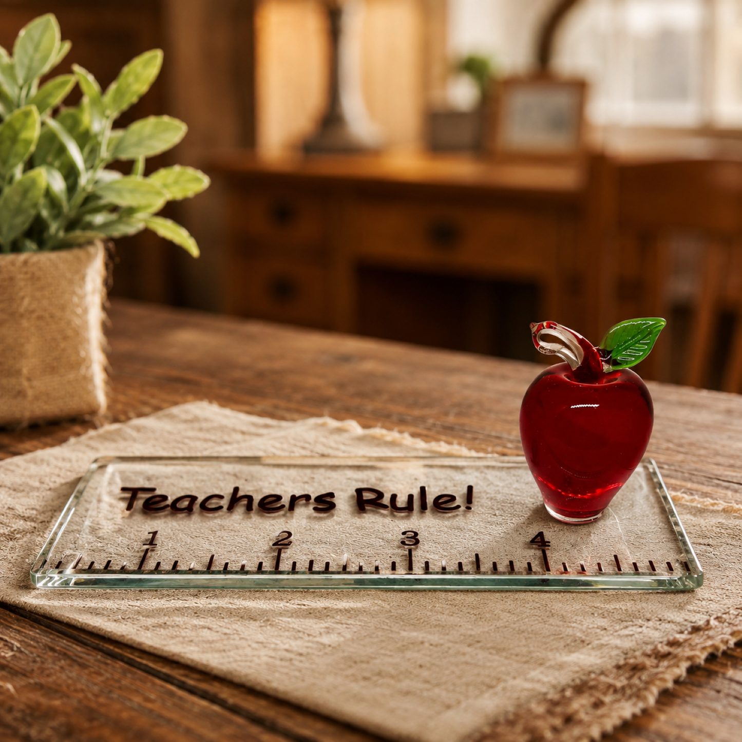 Teacher Gift Glass Apple Figurine | Teachers Rule Desk Decor