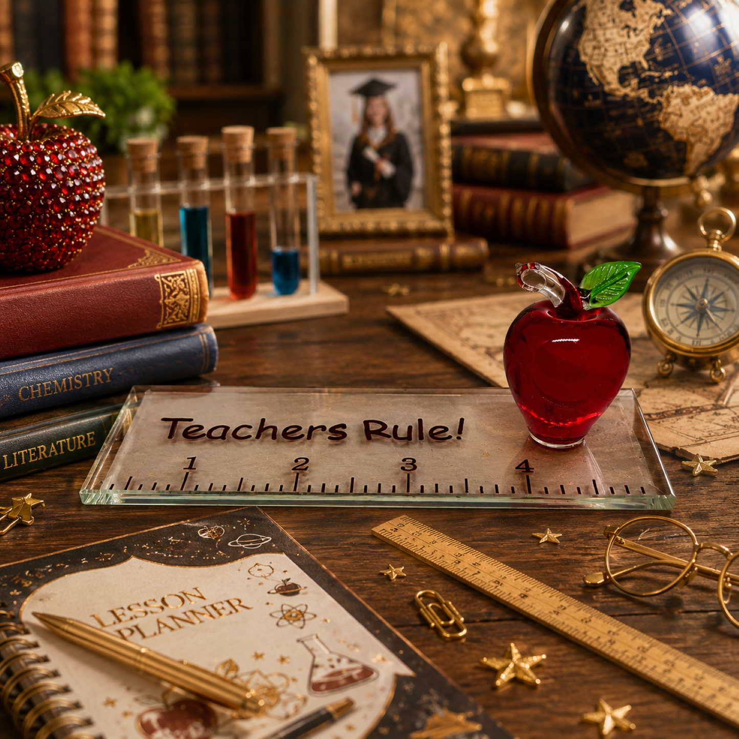 Teacher Gift Glass Apple Figurine | Teachers Rule Desk Decor