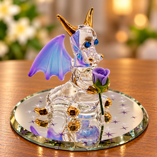 Handcrafted glass dragon figurine holding a purple rose with Genuine Crystals and Real 22Kt Gold on a decorative glass mirror