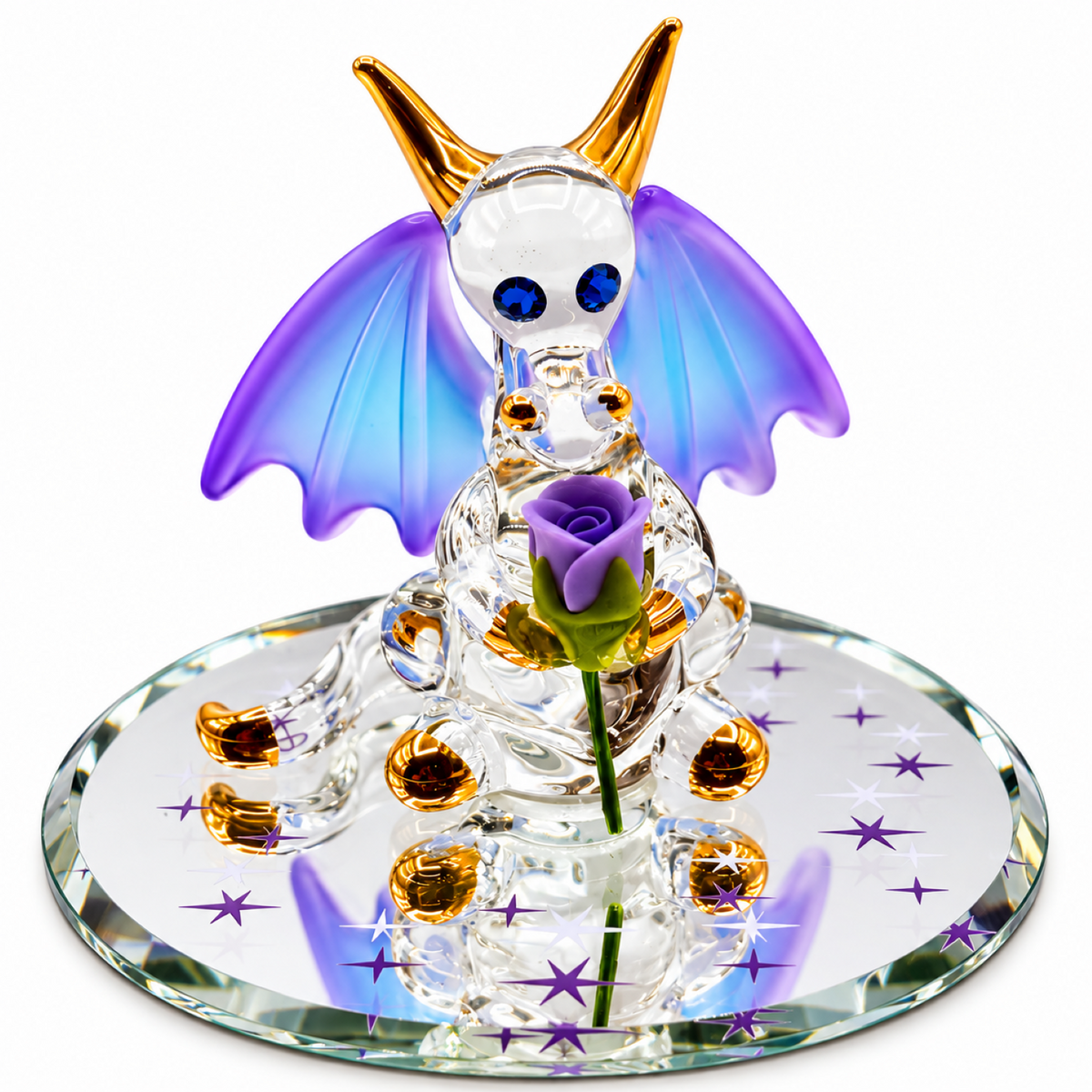 Glass Dragon Figurine Holding Purple Rose, Dragon Lover Gift, Fantasy Decor