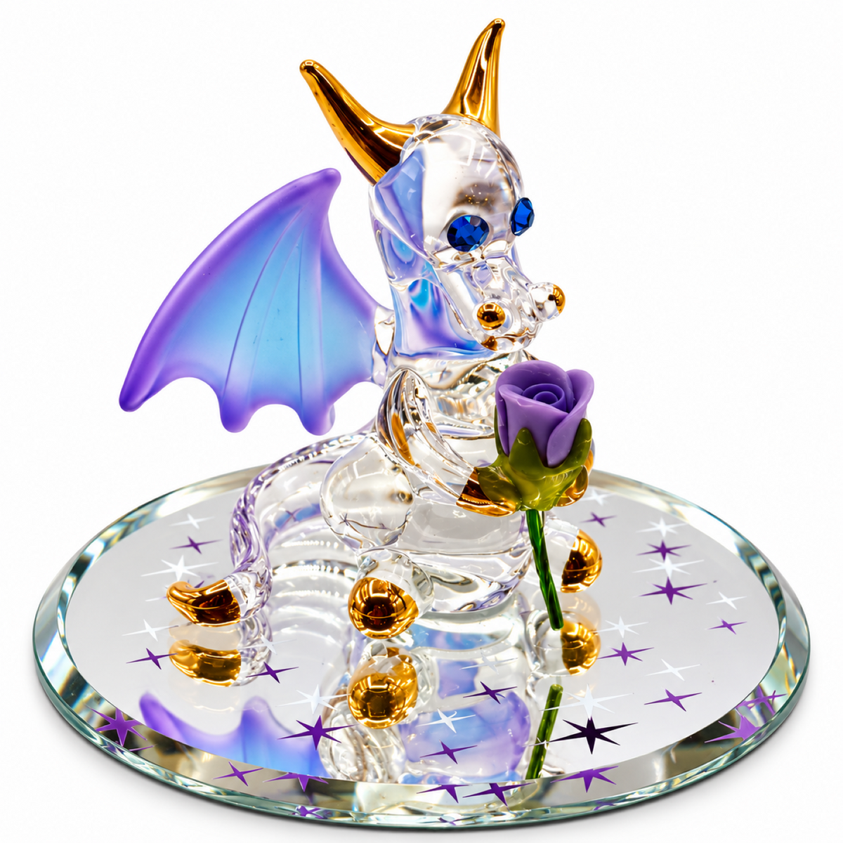 Glass Dragon Figurine Holding Purple Rose, Dragon Lover Gift, Fantasy Decor