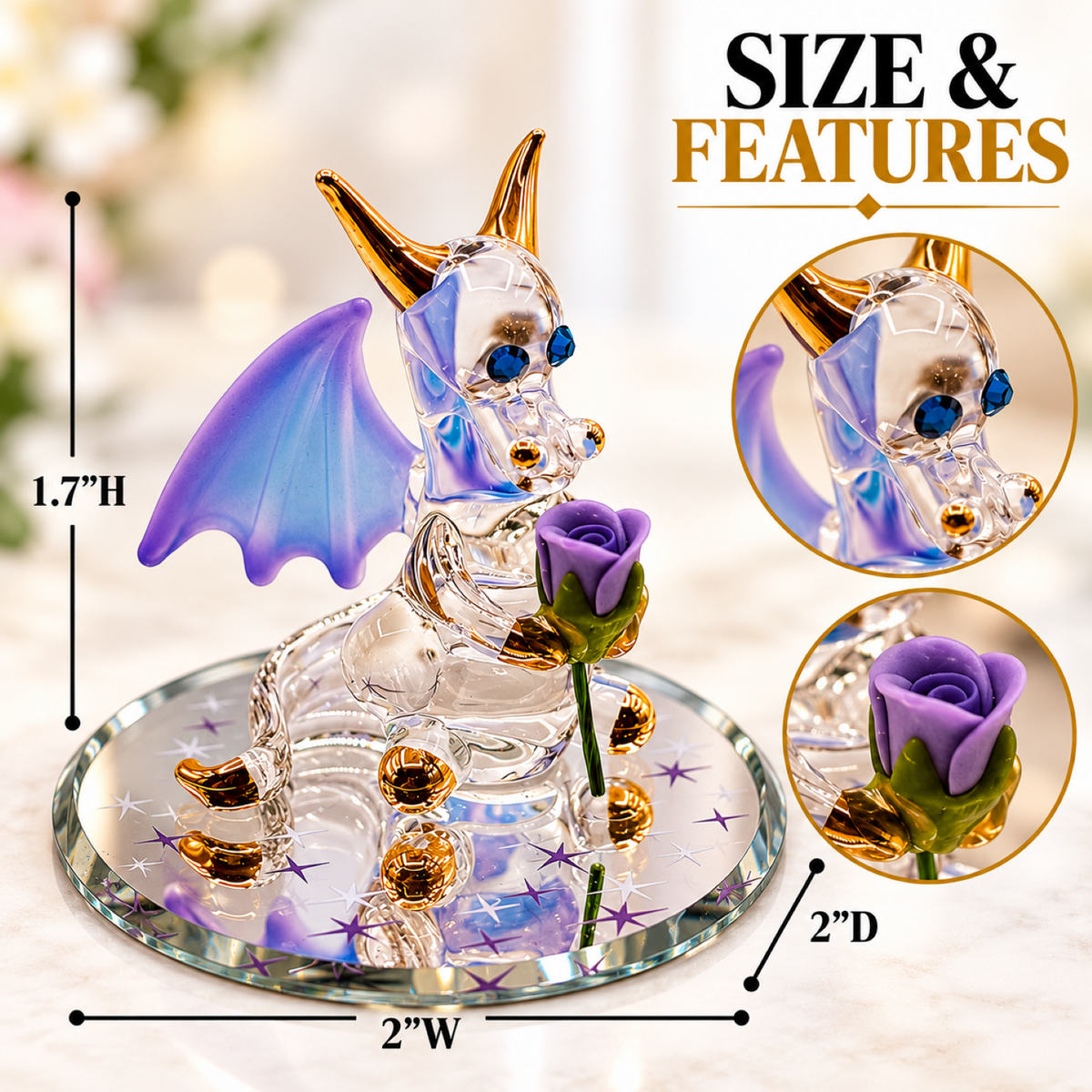 Glass Dragon Figurine Holding Purple Rose, Dragon Lover Gift, Fantasy Decor