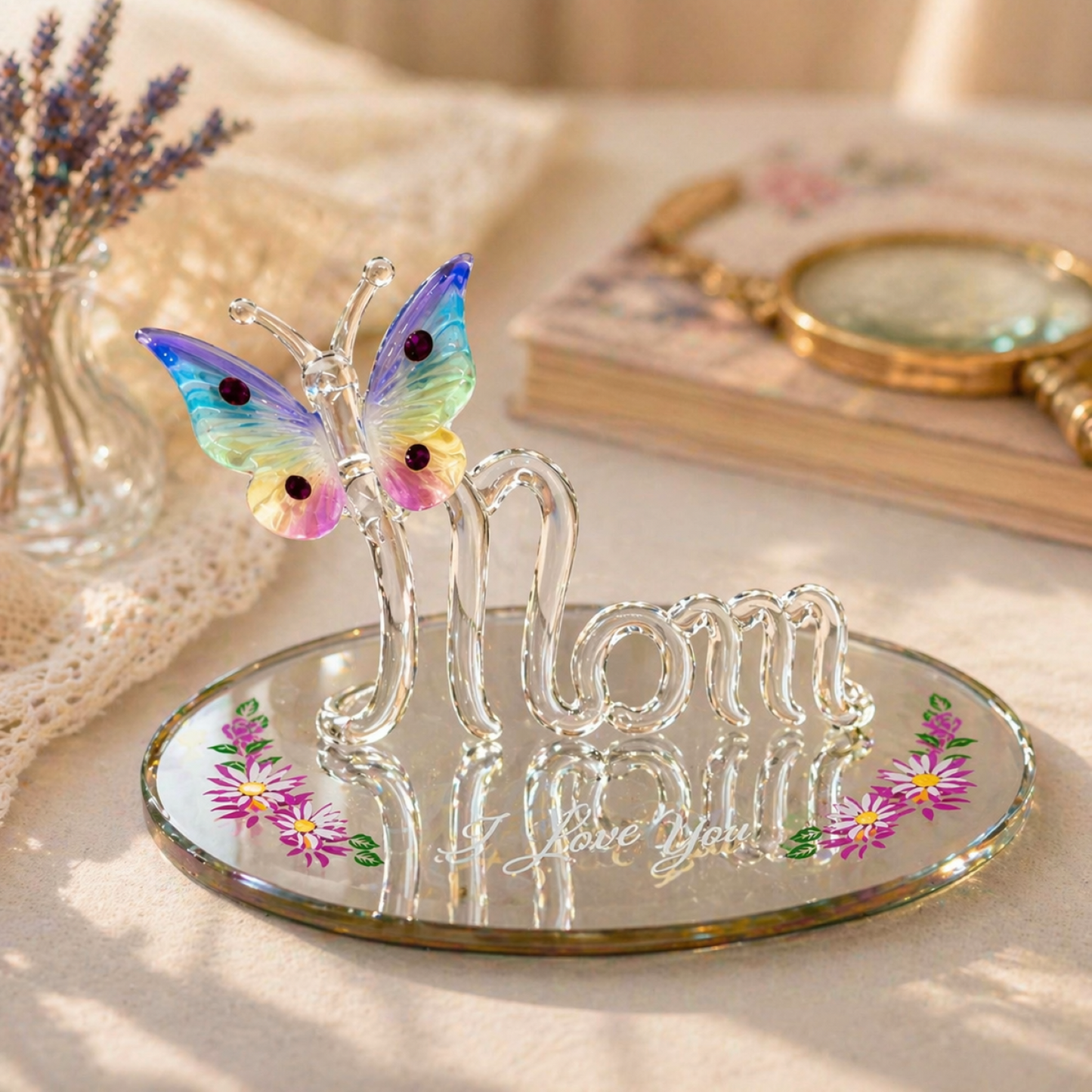 Mom I Love You Butterfly Glass Figurine Mother's Day Gift Mom Decorative Glass Decor
