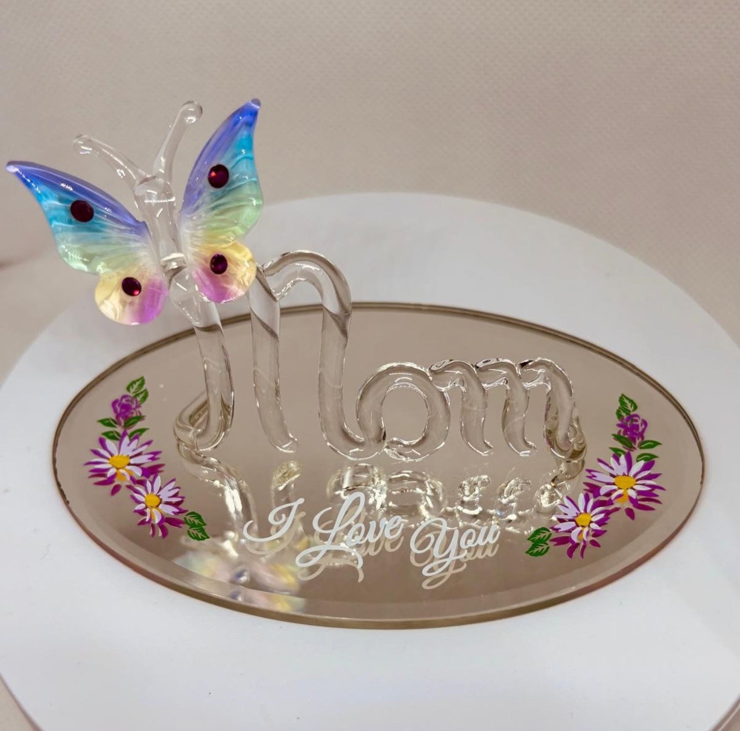 Mom I Love You Butterfly Glass Figurine Mother's Day Gift Mom Decorative Glass Decor