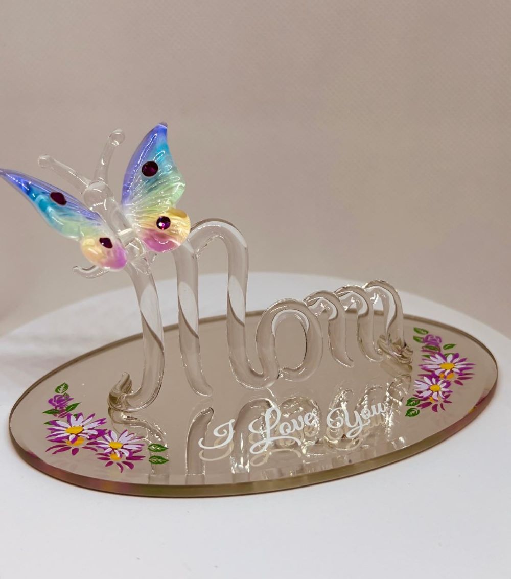 Mom I Love You Butterfly Glass Figurine Mother's Day Gift Mom Decorative Glass Decor