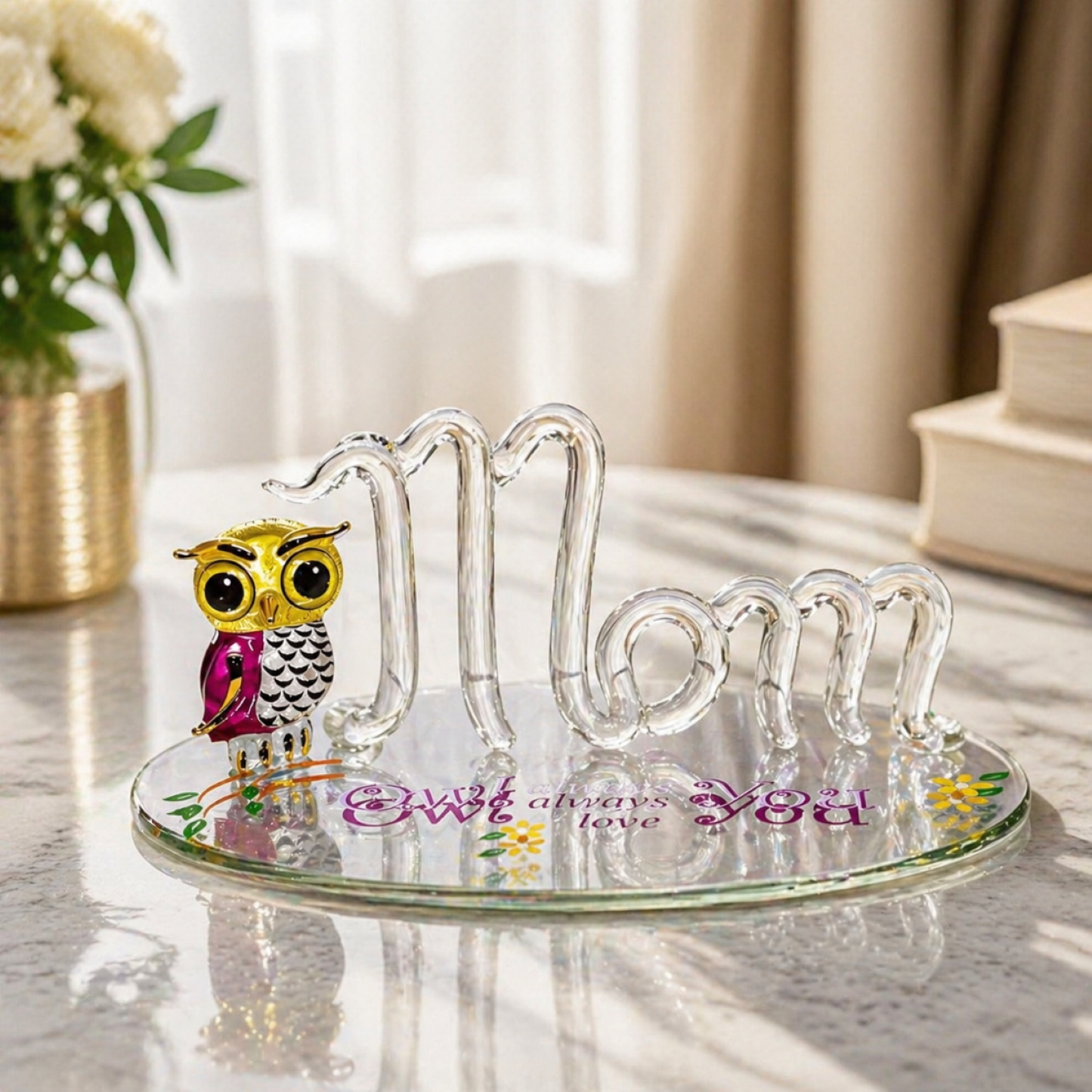 Mom Gift Glass Figurine Owl Decor Mothers Day Present Love You  Mom Collectible Gift