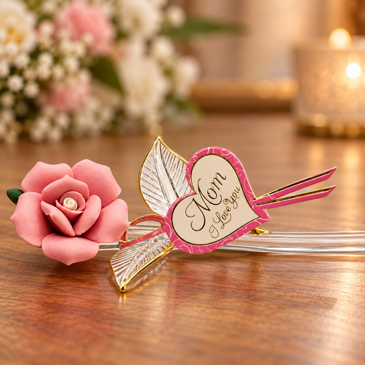 Handcrafted pink porcelain open rose with Mom I Love You message and Real 22Kt Gold accents