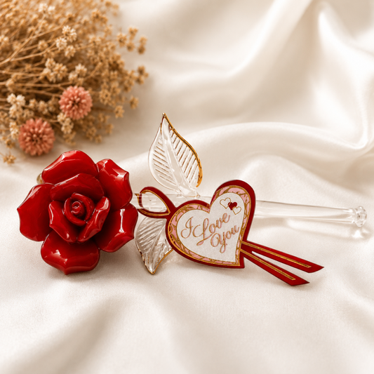 “I Love You” Red Rose Figurine | Glass Flower Romantic Gift Décor