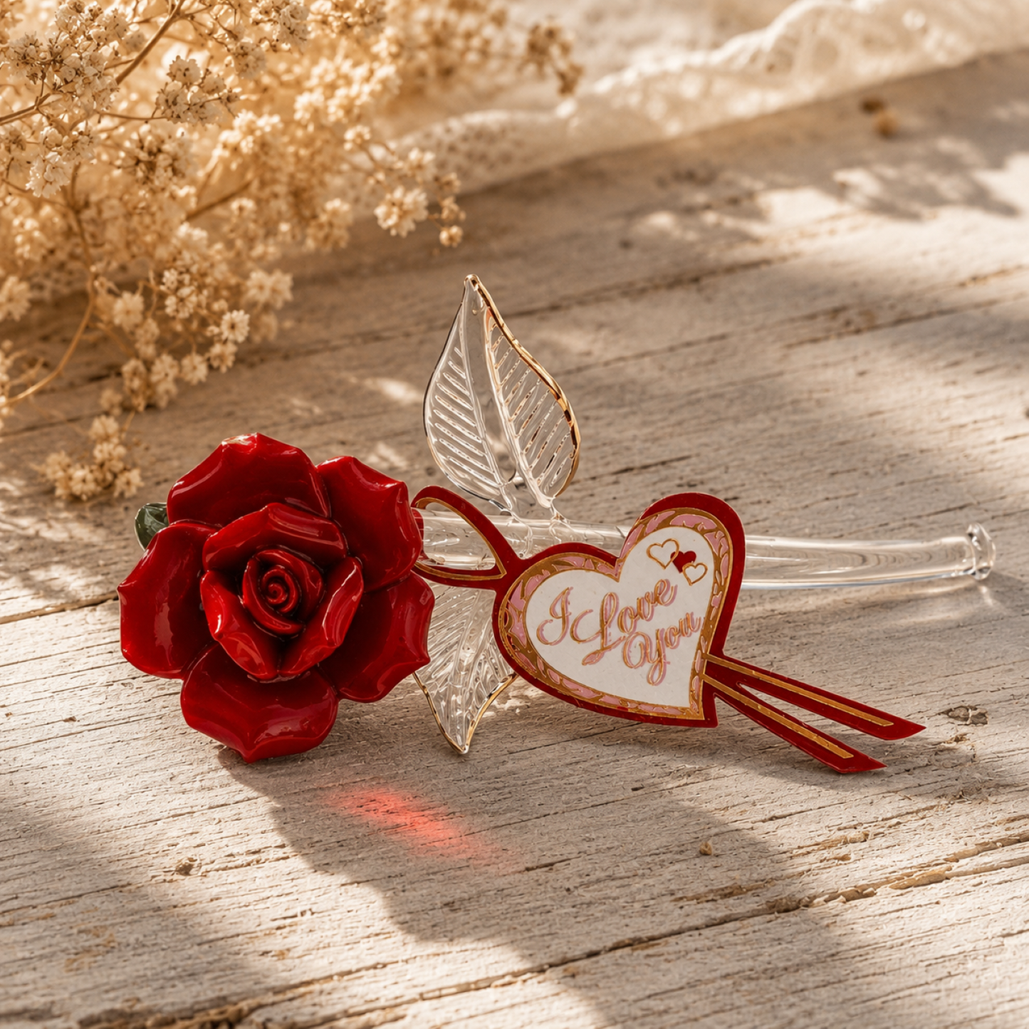 “I Love You” Red Rose Figurine | Glass Flower Romantic Gift Décor