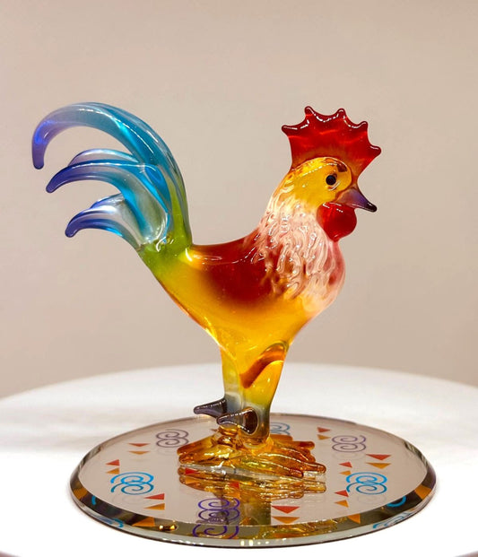 Handcrafted Glass Sunrise Rooster Figurine with Crystals Farmhouse Décor