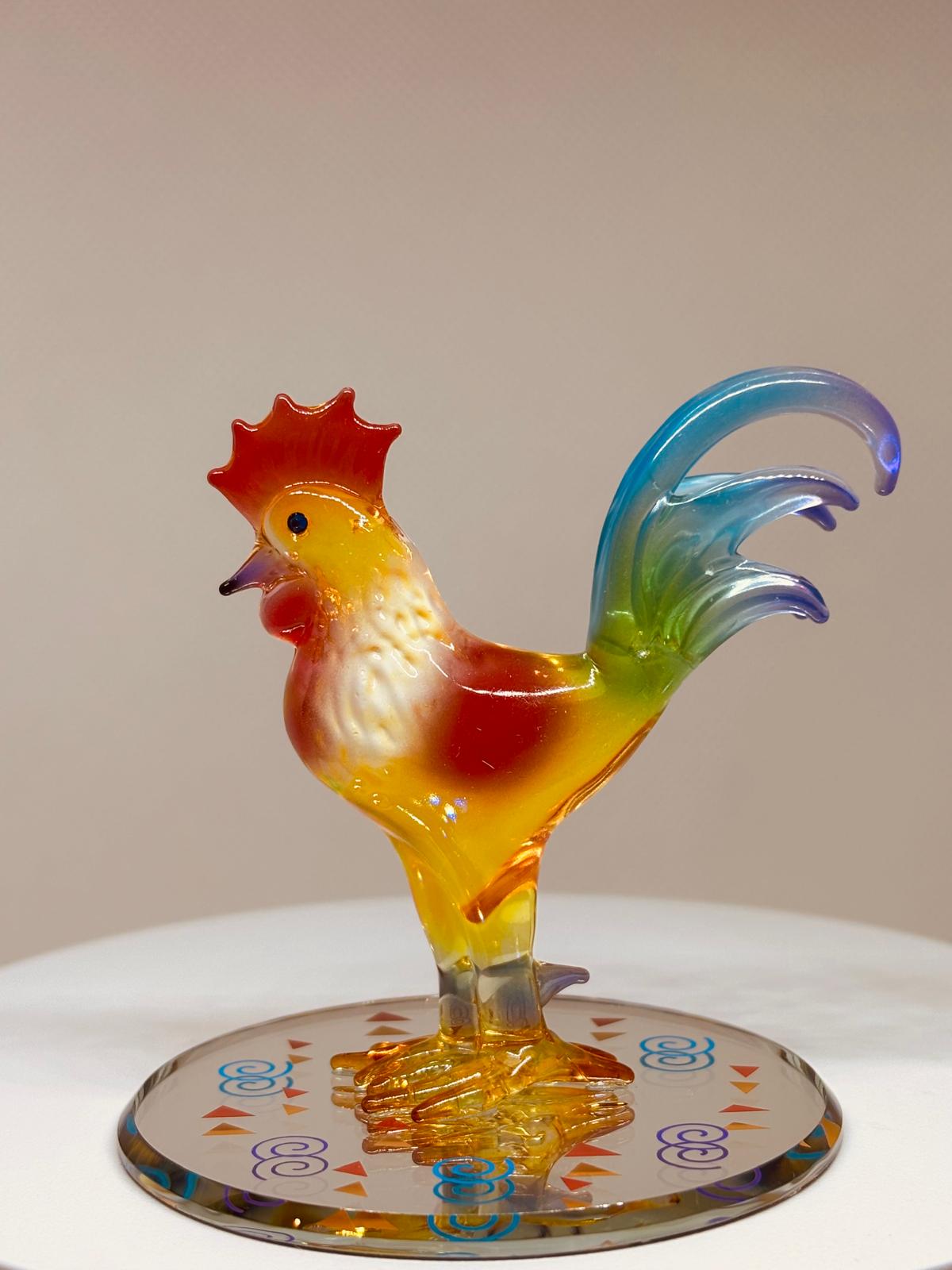 Handcrafted Glass Sunrise Rooster Figurine with Crystals Farmhouse Décor