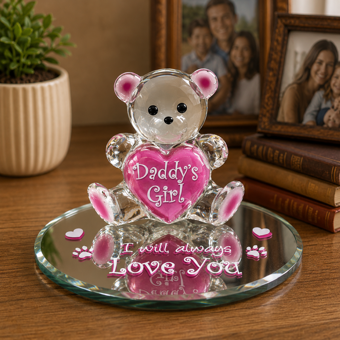 Handcrafted Daddy's Girl bear figurine holding pink heart on beveled glass mirror with love message for daughter