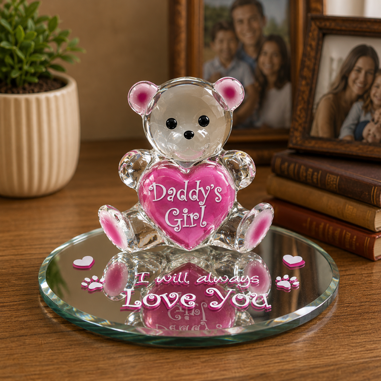 Handcrafted Daddy's Girl bear figurine holding pink heart on beveled glass mirror with love message for daughter