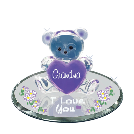 Handcrafted glass bear holding purple Grandma heart on mirror base with I love you message