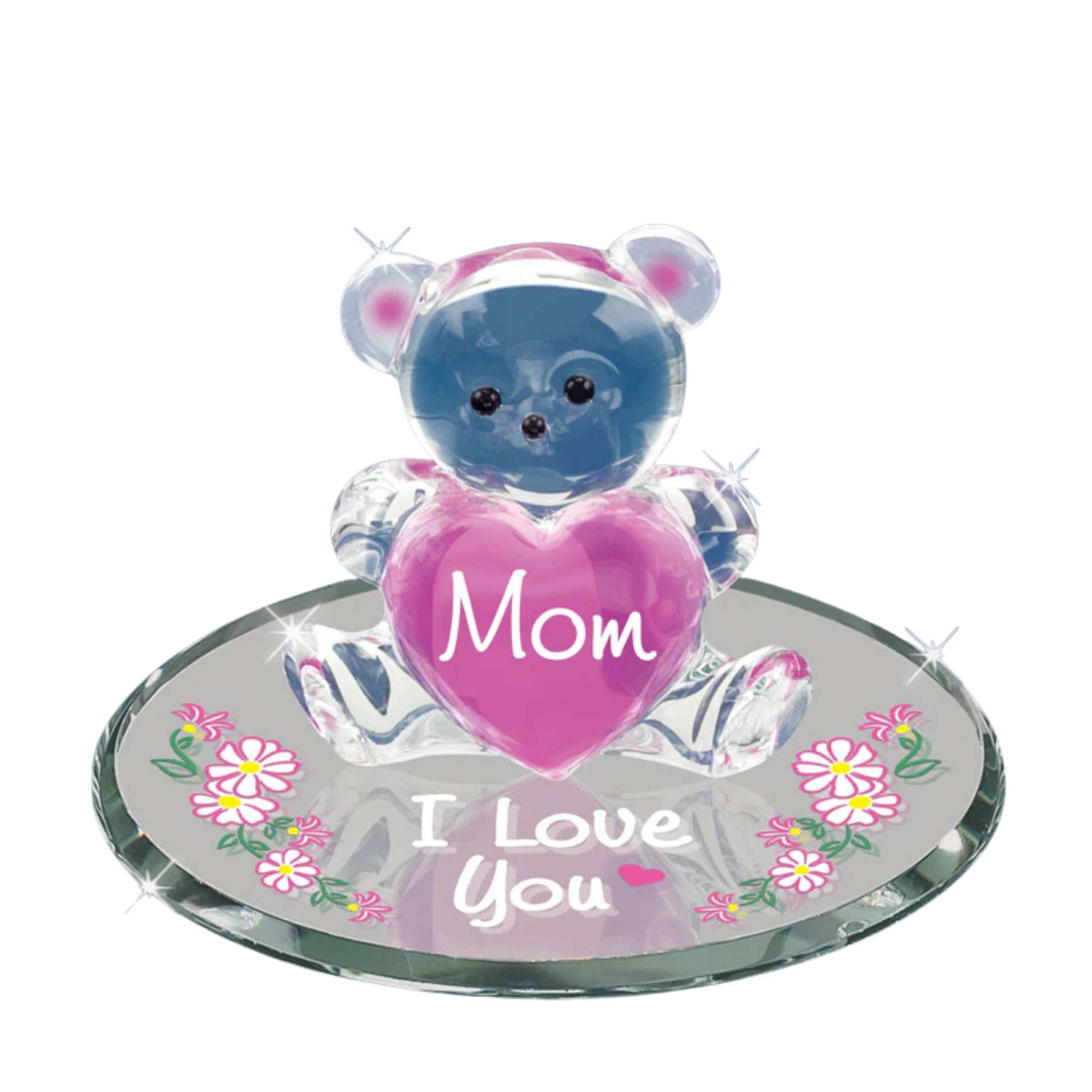 Handcrafted glass bear holding pink Mom heart on mirror base with I love you message
