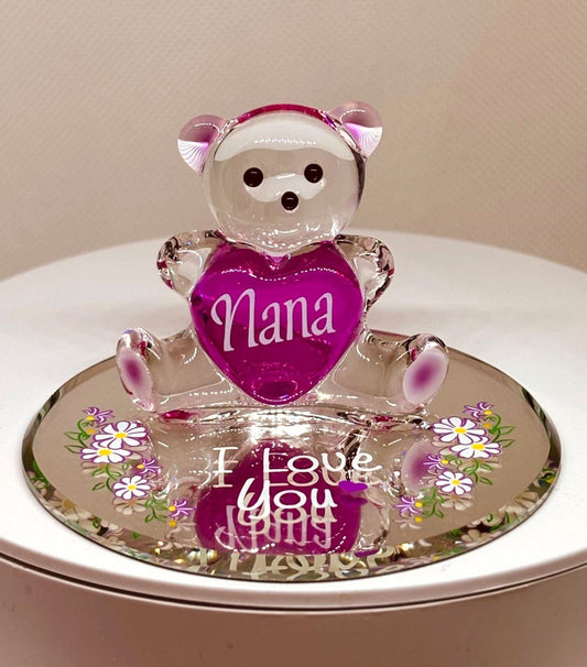 Handcrafted glass Nana bear figurine holding pink heart on mirrored I Love You base