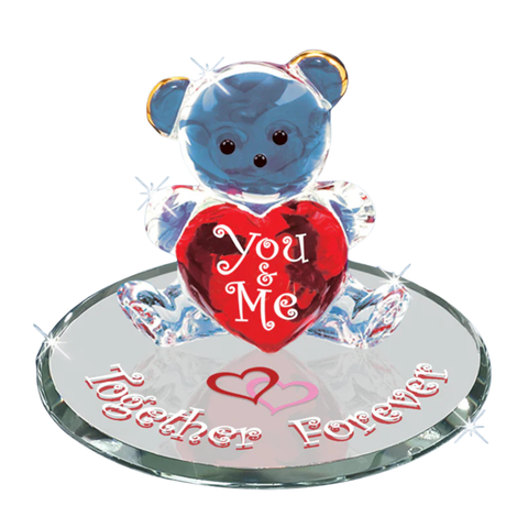 Handcrafted glass You and Me bear holding red heart on mirror base with Together Forever message