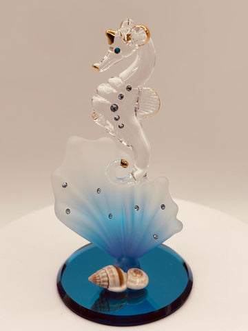 Sea Horse on Blue Coral glass figurine with crystals and shells