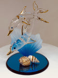 Glass Dolphin and Baby with Blue Coral | Ocean Theme Decor | Sea Life Figurine