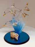 Glass Dolphin and Baby with Blue Coral | Ocean Theme Decor | Sea Life Figurine