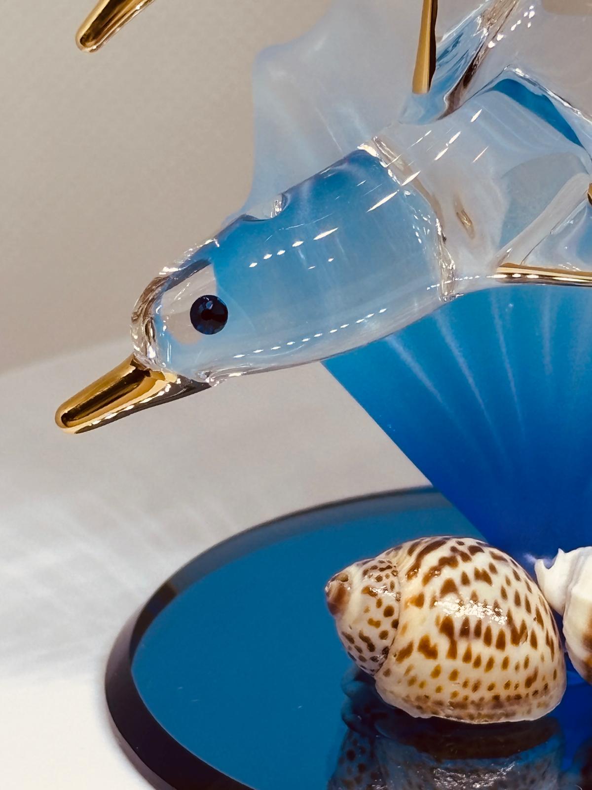 Glass Dolphin and Baby with Blue Coral | Ocean Theme Decor | Sea Life Figurine