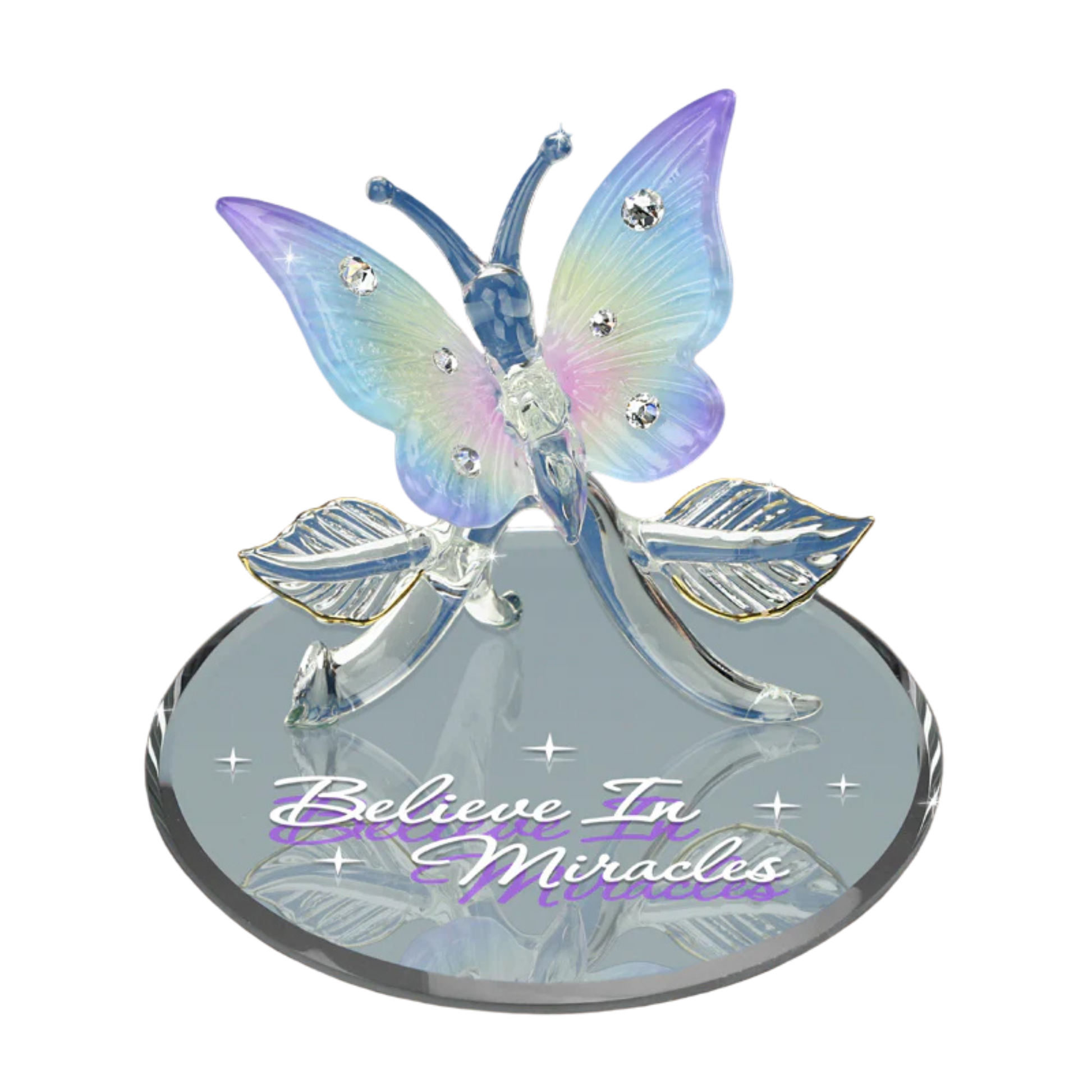 Glass rainbow butterfly figurine with Believe in Miracles message on mirror base