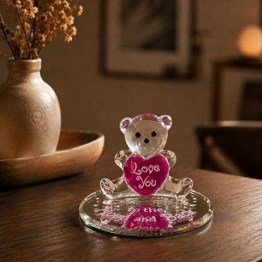 Handcrafted glass teddy bear figurine holding a pink heart on a beveled mirror base with Love You To The Moon And Back sentiment.