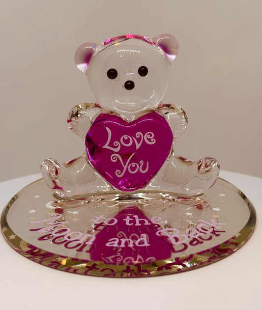 Pink Bear Figurine "Love You to the Moon and Back" Glass Heart Gift