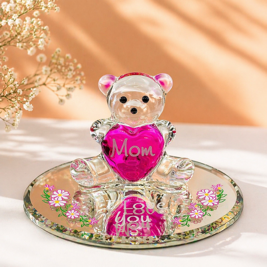 Handcrafted glass bear holding pink Mom heart on mirror base with I love you message