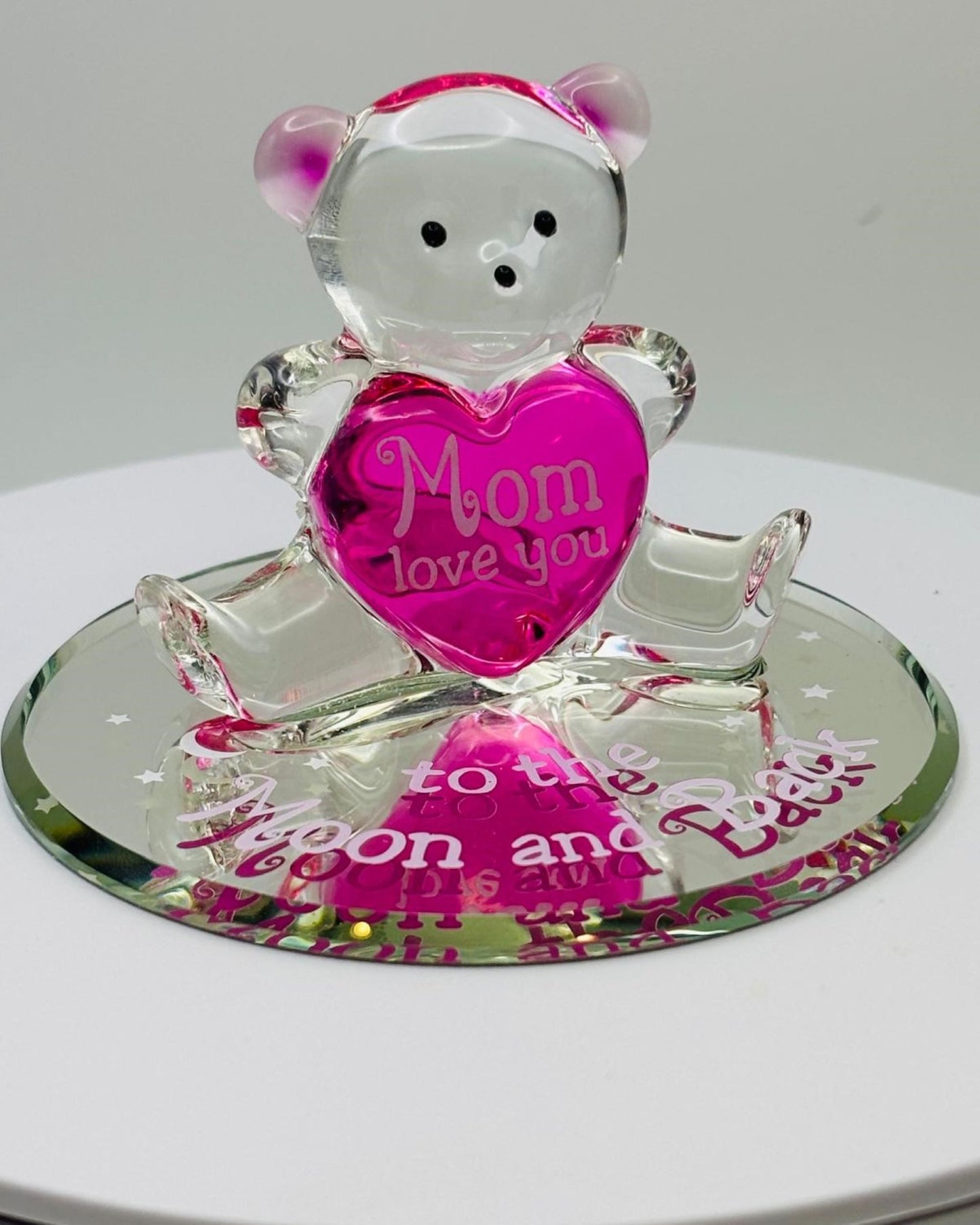 Mom Bear Glass Figurine To Moon Back Gift Mothers Day Pink Heart Decor