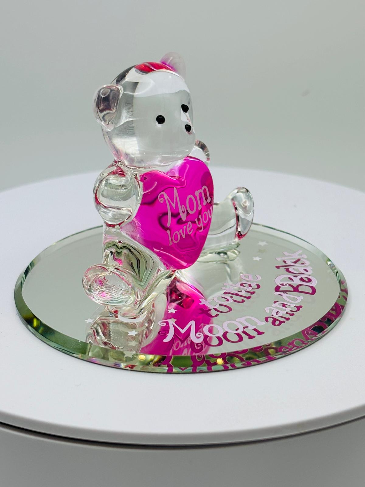 Mom Bear Glass Figurine To Moon Back Gift Mothers Day Pink Heart Decor