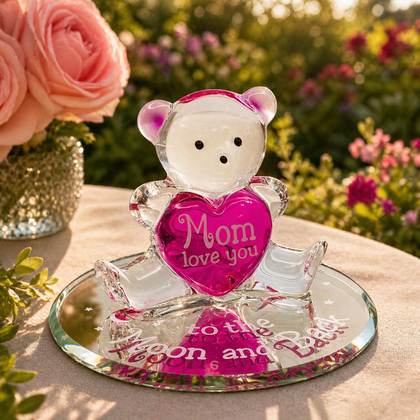 Mom Bear Glass Figurine To Moon Back Gift Mothers Day Pink Heart Decor