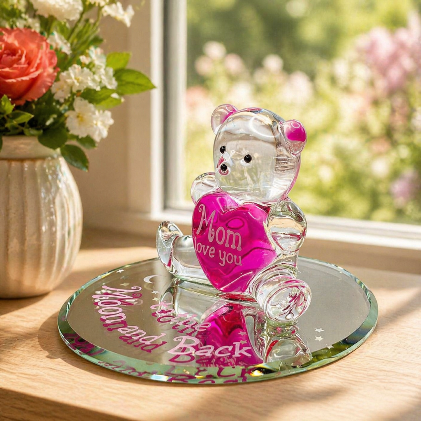 Mom Bear Glass Figurine To Moon Back Gift Mothers Day Pink Heart Decor