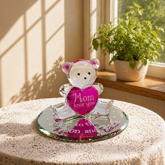 Mom Bear Glass Figurine To Moon Back Gift Mothers Day Pink Heart Decor