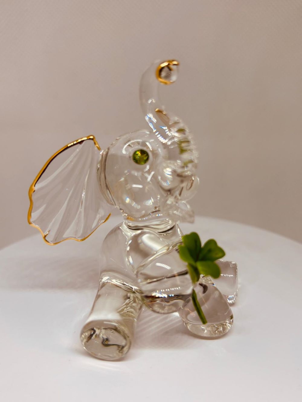 Lucky the Elephant Figurine with Clover Handcrafted Glass Gift