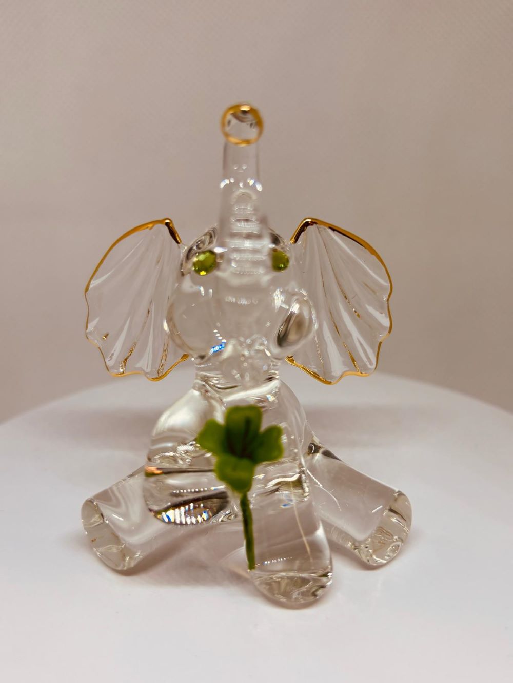 Lucky the Elephant Figurine with Clover Handcrafted Glass Gift