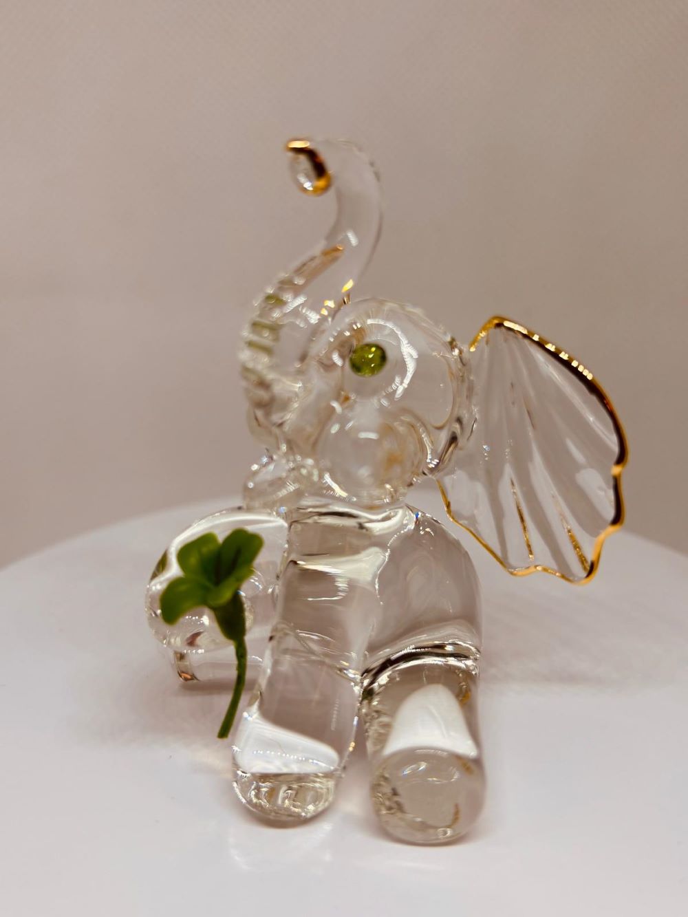 Lucky the Elephant Figurine with Clover Handcrafted Glass Gift