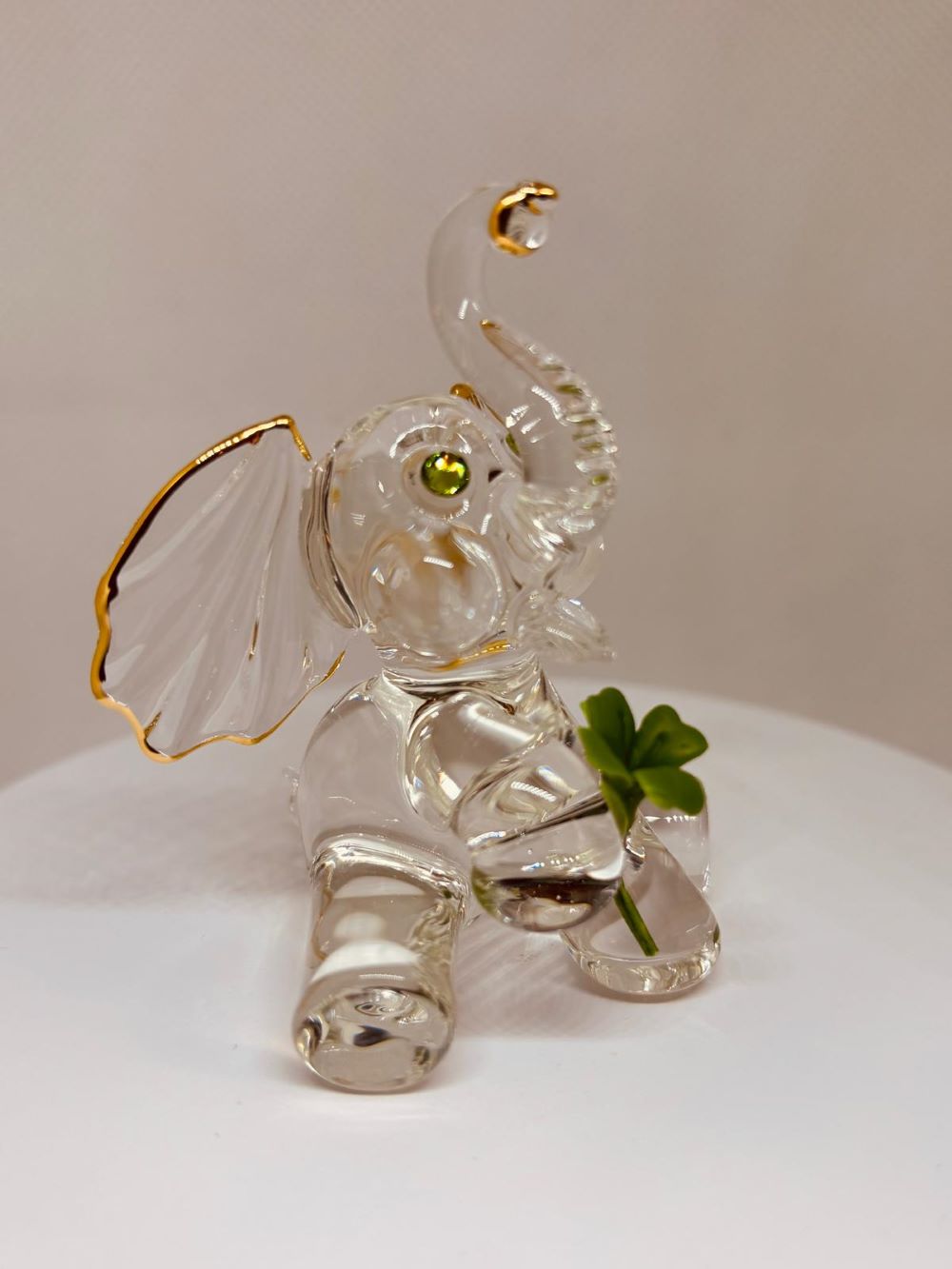 Lucky the Elephant Figurine with Clover Handcrafted Glass Gift