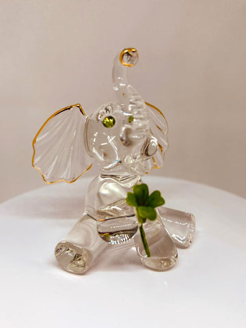 Lucky the Elephant Figurine with Clover Handcrafted Glass Gift