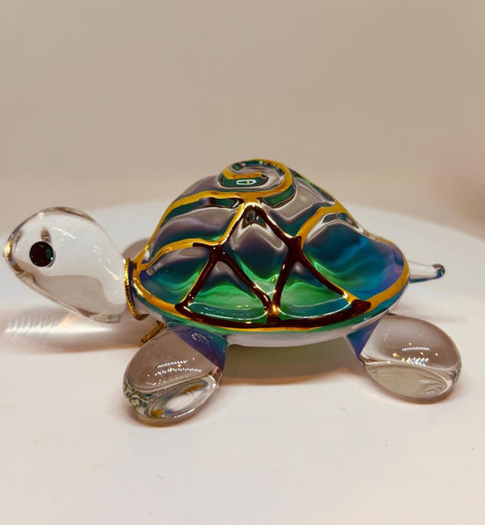 Tiffany Turtle Figurine Handcrafted Glass Turtle with Crystals & 22Kt Gold
