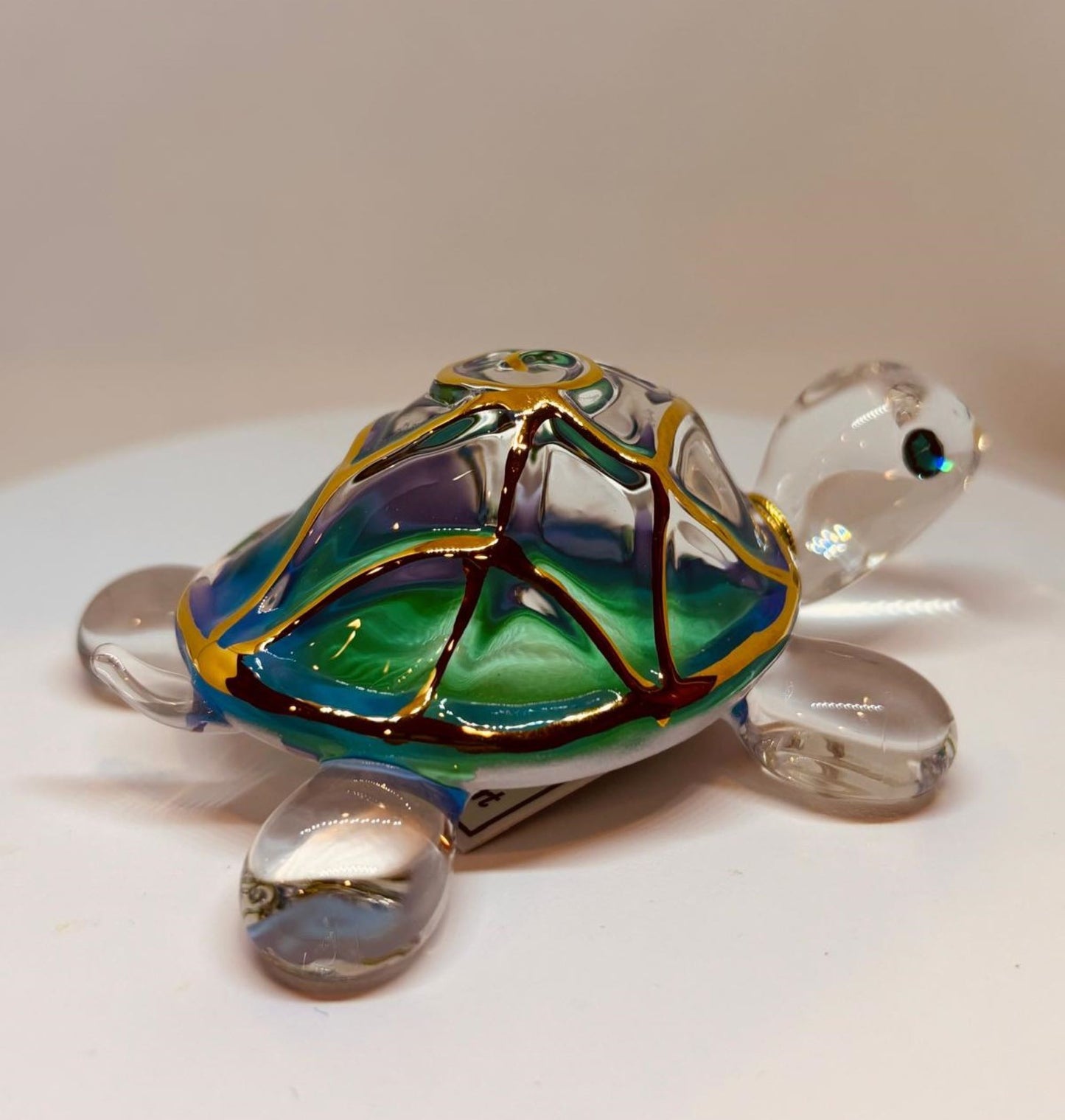 Tiffany Turtle Figurine Handcrafted Glass Turtle with Crystals & 22Kt Gold