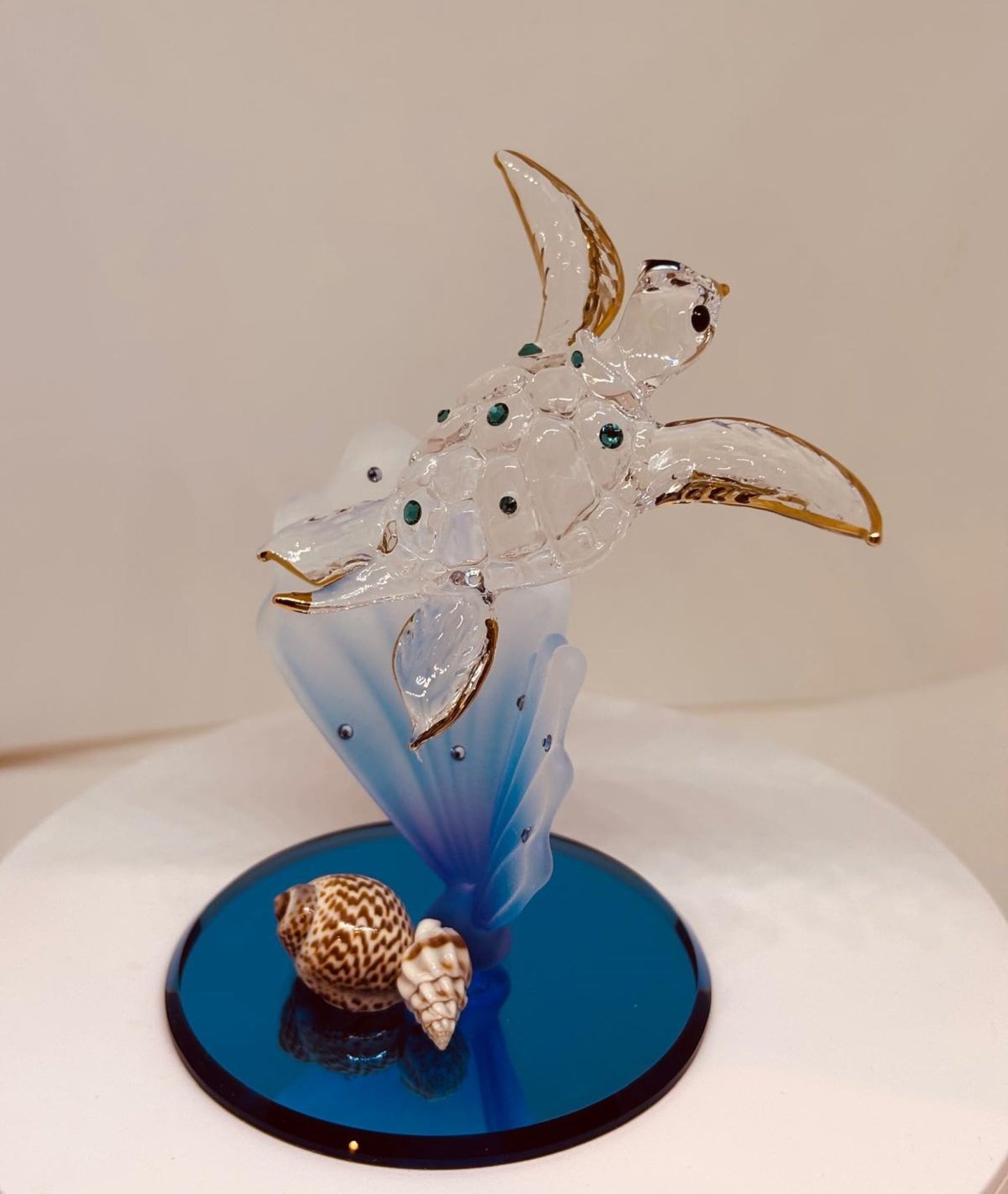 Sea Turtle on Blue Coral Handcrafted Glass Figurine with Crystals & Gold