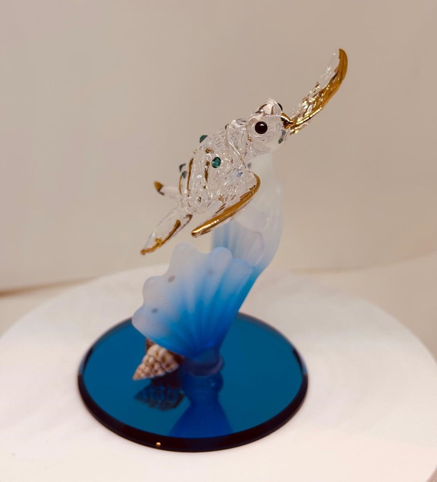 Sea Turtle on Blue Coral Handcrafted Glass Figurine with Crystals & Gold