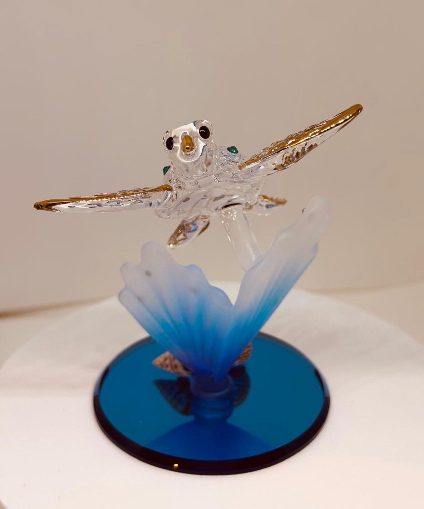 Sea Turtle on Blue Coral Handcrafted Glass Figurine with Crystals & Gold
