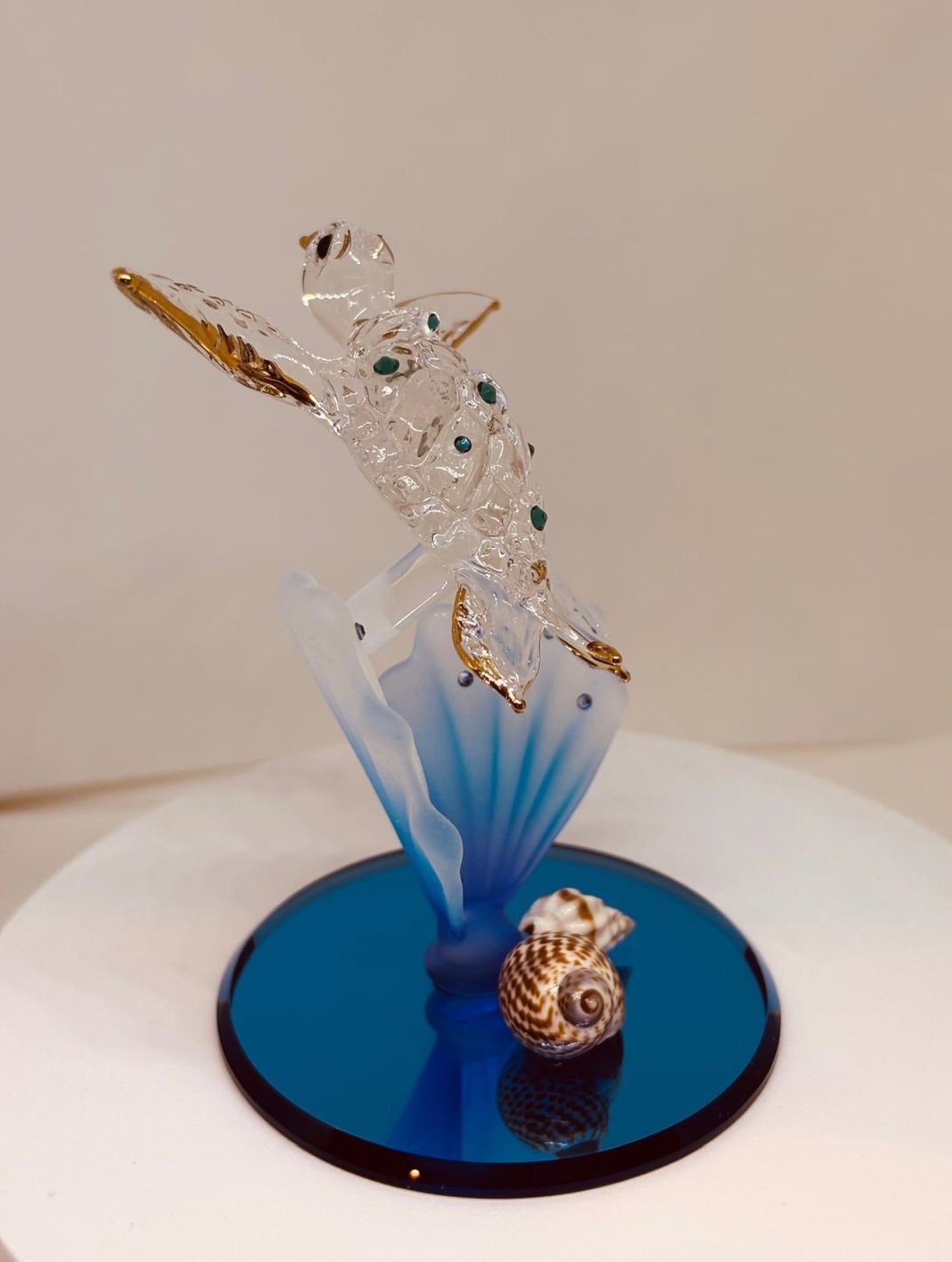 Sea Turtle on Blue Coral Handcrafted Glass Figurine with Crystals & Gold